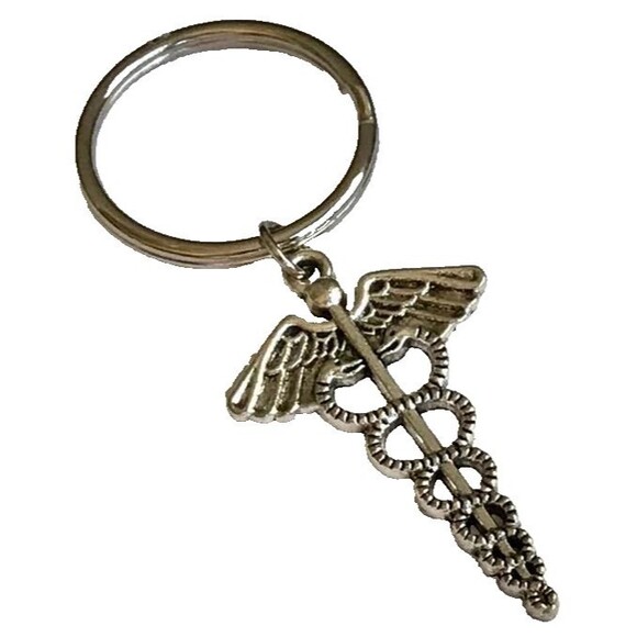 Silver Caduceus Keychain Keyring Medical Nursing Gift MD RN LPN DO ARNP - Picture 1 of 6